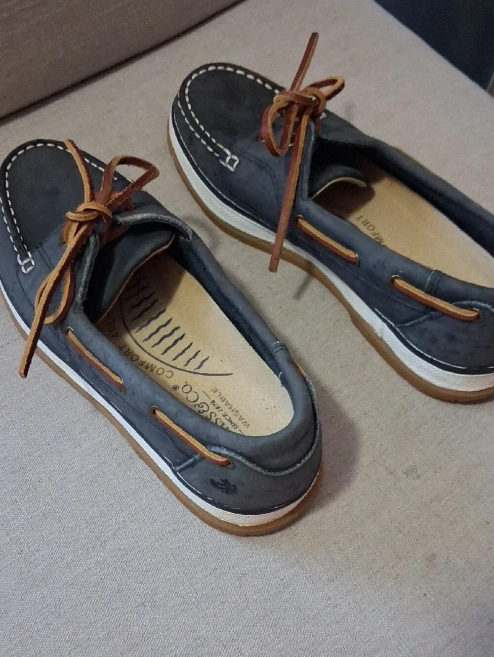 G.H. Bass & Co. Navy Leather Boat Shoes with Tan Laces